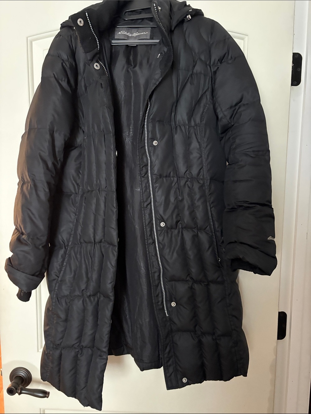 Eddie Bauer Down Coat Black Long Quilted Puffer Coat with Hood
